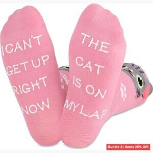 Cat Theme Cotton Socks with Non-Slip Silicone Text for Women Size 6-9